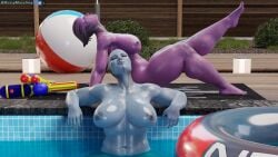 2girls alien_female asari beach_ball beach_towel blue_skin facial_markings feet feet_up female hard_nipples high_resolution highres large_breasts mass_effect muscular_female naked nude_female painted_nails pink_skin pool pool_float poolside russymacalroy smiling tagme thick_thighs water water_gun watermark wet_skin