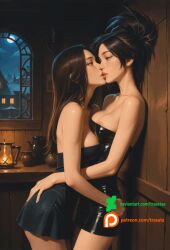 2girls ai_generated akali artist_name ass_grab bare_shoulders black_dress black_hair breast_press breasts brown_hair closed_eyes deviantart dress french_kiss hand_on_another's_ass irelia_xan kissing league_of_legends long_hair medium_breasts moon multiple_girls night nipple_slip nipples patreon patreon_username short_dress strapless strapless_dress trasataa web_address yuri