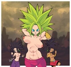 2d 2d_(artwork) 3girls abs areolae breasts caulifla degodraws dragon_ball dragon_ball_super earrings kale kefla looking_at_viewer nipples pinup saiyan saiyan_girl spiky_hair tagme topless topless_female wristbands