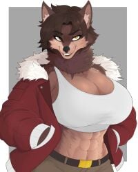 1girls andrea_(sorakbm) anthro big_breasts black_nose breasts brown_fur brown_hair cleavage dress dressed escriba female fur furry jacket jacket_open looking_at_viewer muscular muscular_female neck_tuft oc pants red_jacket six_pack smile smiling snout tank_top twitter_user_oc two_tone_body two_tone_fur wolf wolf_girl yellow_eyes