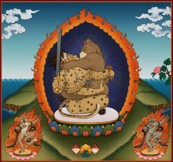 absurd_res anan's_rock_agama anthro barazoku bear blood bodily_fluids bone buddhism buddhist_mythology canid canine cloud crown dancing enlightened felid fire flower fox gem group headgear hi_res leaf leopard lizard lotus_(flower) mahasmasananatha_(xroshtag) male male/male mammal melee_weapon pantherine plant pristine_awareness randamahalochana religion reptile scalie sex skull sword thangka tibetan_blue_bear tibetan_sand_fox tree true_fox vajra_(buddhism) water weapon xroshtag_(artist)