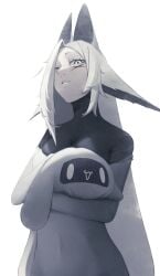 animal_ears bare_shoulders blue_skin blush closed_mouth dya_rikku_(vtuber) female greyscale long_hair looking_at_viewer monochrome navel off_shoulder smile solo striped striped_background vertical_stripes vyugen white_eyes white_hair