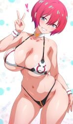 1girls amate_yuzuriha big_breasts bikini breasts female female_only gundam gundam_gquuuuuux joy_ride light-skinned_female light_skin peace_sign red_hair short_hair solo very_short_hair