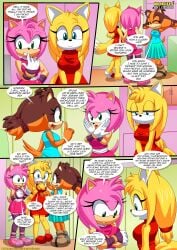 3girls amy_rose anthro bbmbbf comic dialogue female female_only mobian_(species) mobius_unleashed palcomix releasing_your_inner_wild_side_(comic) sega sonic_(series) sonic_boom sonic_the_hedgehog_(series) speech_bubble sticks_the_badger zooey_the_fox