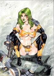 1girls 2017 aphrodite_ix aphrodite_ix_(series) assassin belly_button big_breasts black_sleeves black_thighhighs bra breasts busty cleavage curvaceous curvy dated deviantart ed_benes_studio face_tattoo female female_only fingerless_gloves gloves green_eyes green_eyeshadow green_hair green_lips green_lipstick green_tattoo grey_gloves grey_panties grey_thong gun gynoid holding_gun holding_pistol holding_weapon image_comics lanio_sena large_breasts legs_spread long_hair makeup mascara midriff miniskirt nail_polish navel panties pinup pistol red_nail_polish red_nails robot_girl rock rocks rubble ruins short_skirt signature sitting skirt sleeves solo spread_legs squatting stomach tattoo technology thick_thighs thighhighs thighs thong top_cow voluptuous watermark weapon yellow_bra yellow_skirt