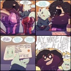 1boy 1girls anthro ass beatrisse_(trinity-fate62) big_ass big_breasts black_hair breasts collar dialogue english_text female female_focus flare_pants forbidden_pants furry hips huge_ass id_card large_ass large_breasts license male male_focus one_page_comic original original_character pattern_clothing pattern_legwear red_eyes shocked shocked_expression snake snake_girl snoot_(trinity-fate62) text thick_thighs thighs trinity-fate62 wide_hips yellow_eyes