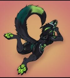 4_ears anthro anus ass black_bars claws feet female fur genitals glowing hair hi_res letterbox looking_at_viewer looking_back lying machine multi_ear pawpads paws protogen rear_view shadarrius simple_background solo tail toes vulva
