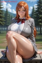 ai_generated bleach brown_eyes forest huge_breasts inoue_orihime orange_hair school_uniform