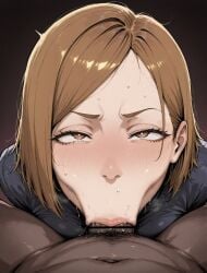 1boy 1girls ai_generated blowjob blush brown_eyes brunette_hair dark-skinned_male dark_skin deepthroat dosukebeai interracial jujutsu_kaisen kugisaki_nobara light-skinned_female light_skin looking_at_viewer nude nude_male oral_sex pov pubic_hair short_hair shounen_jump squatting sweat sweatdrop voluptuous voluptuous_female