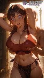 1boy 1girls ai_generated armpits arms_behind_head arms_up backlighting bald black_hair blue_eyes blush breasts brown_hair cleavage collarbone cowboy_shot crop_top curvy disney eyeshadow female grabbing grabbing_another's_breast grabbing_from_behind groping huge_breasts jane_porter large_breasts loincloth long_hair makeup meitabuu midriff navel no_panties open_mouth patreon_username pelvic_curtain power_lines red_sports_bra red_tank_top solo_focus standing stomach straight surprised sweat tank_top tarzan_(1999_film) teeth thighs toned utility_pole web_address wide-eyed