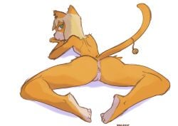 absurd_res ass blonde_hair digital_media_(artwork) ear_piercing felid feline felis female fur genitals hair hi_res looking_at_viewer looking_back mammal molly_(ninelove_kp) ninelove_kp nines_(ninelove_kp) nude orange_body orange_fur piercing presenting pussy simple_background smile solo spread_legs spreading tail vulva