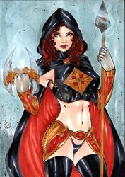 2017 abstract_background armor auburn_hair belly_button big_breasts black_cape black_hood black_panties black_thighhighs black_thong blasphemy breasts brown_eyes brown_hair busty cape christianity cross curvaceous curvy dagger dated deviantart ed_benes_studio eyeshadow holding_spear holding_weapon hood image_comics lance lanio_sena large_breasts magdalena makeup mascara midriff navel nipple_bulge nipples panties red_cape red_hair red_lips red_lipstick signature spear stomach thick_thighs thighhighs thighs thong top_cow useless_armor voluptuous watermark