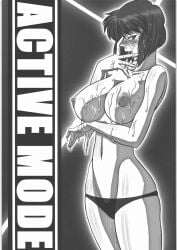 black_panties breasts cameltoe cum cum_on_body cum_on_breasts cum_on_upper_body curvy facial female ghost_in_the_shell greyscale hamon_ai highres kusanagi_motoko large_breasts licking_finger licking_lips lips looking_at_viewer looking_to_the_side monochrome navel nipples no_bra panties shiny_skin short_hair sitting standing thong tongue tongue_out underwear