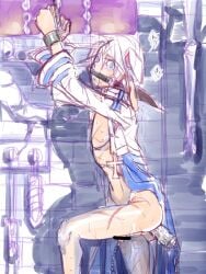 1boy anal anal_object_insertion animal_ears arch_bishop_(ragnarok_online) arms_up bar_censor blue_coat blue_eyes blush bottomless bound bound_wrists censored coat commentary_request cropped_jacket cross dog_boy dog_ears ears_down feet_out_of_frame gagged jacket looking_at_viewer male male_focus nipples object_insertion penis penis_piercing piercing ragnarok_online short_hair skinny solo white_hair white_jacket yukimushi