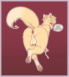 animal_genitalia animal_penis anthro anus ass backsack balls bent_over blush canid canine equine_genitalia equine_penis femboy fennec_fox fox fur gaping gaping_anus genitals hi_res insult looking_back male mammal neonsheath nude_anthro nude_male pawpads paws penis perineum presenting presenting_hindquarters profanity puffy_anus rear_view red_background simple_background solo tail_anus thick_thighs true_fox wide_hips yellow_body yellow_fur
