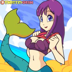 2d 2d_animation animated animated_gif blue_eyes bra dragon_ball dragon_ball_(classic) female flying_nimbus gif mermaid mermaid_(dragon_ball) mermaid_tail monster_girl pie_pie purple_hair seashell_bra shounen_jump smile solo tagme twistedgrim