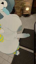 anthro big_ass big_breasts black_eyes black_nose blue_tongue catgirl feline female female_only furry futa_only futanari gray_hair highres itzxenoshi nonehub nude nude_female solo temmie temmie_(undertale) tongue tongue_out undertale vrchat vrchat_avatar whiskers white_ears