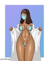 1girls big_breasts bikini black_body black_skin black_skinned_female brown_body brown_eyes brown_hair brown_skin brown_skinned_female busty curvy curvy_female curvy_figure heart-shaped_pupils lab_coat labcoat large_breasts looking_at_viewer mask mask_bikini masked masked_female milf navel nurse priyanka_maheswaran showing_off simple_background steelknigh steven_universe tan-skinned_female tan_body tan_skin thick_thighs toned voluptuous watermark
