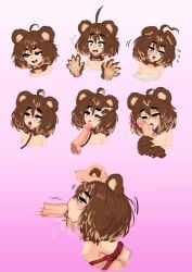 1boy :3 :d ^^^ ahoge animal_ears animal_hands arms_behind_back barb-tan barbariank bear_ears bear_girl bear_paws blonde_hair blush bondage bondage bound box_tie breasts brown_hair collar commentary completely_nude cum cum_on_body disembodied_penis ejaculation english_commentary expressive_hair facial fellatio female flustered flying_sweatdrops grabbing_another's_ear gradient_background grey_eyes hair_between_eyes hand_on_another's_ear highres leash monster_girl multicolored_hair multiple_expressions multiple_views neck_fur nipples nose_blush nude oerba_yun_fang off-shoulder_shirt off_shoulder one_eye_closed oral original oversized_clothes oversized_shirt pawpads penis pink_background red_collar restrained shirt short_hair simple_background small_breasts smile smug straight tongue tongue_out two-tone_hair wavy_mouth white_shirt wince