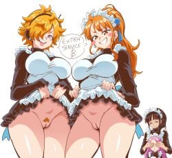 4girls android_girl black_eyebrows black_hair black_hair_female black_headphones black_panties blonde_eyebrows blonde_hair blonde_hair_female blue_ribbon blush blush blush_lines blush_stickers blushing_female brown_eyes brown_eyes_female cameltoe clenched_teeth closed_eyes clothing covering_another's_eyes covering_eyes duo duo_focus earrings english_text eyebrows eyelashes female female_only fit_female headphones innie_pussy jewelry_bonney lewdamone lifting_skirt lingerie long_hair long_hair_female looking_at_viewer looking_down maid maid_headdress maid_uniform nami_(one_piece) nico_robin one_piece orange_eyebrows orange_hair orange_hair_female panties pearl_earrings pink_hair pink_hair_female ponytail presenting presenting_pussy purple_eyes purple_eyes_female pussy pussy_outline ribbon ribbon_in_hair seductive seductive_eyes seductive_look seductive_mouth seductive_pose seductive_smile short_hair shounen_jump skirt skirt_lift skirt_lifted_by_self skirt_up smile speech_bubble text tongue_out upskirt vegapunk_lilith voluptuous voluptuous_female watermark white_background white_earrings