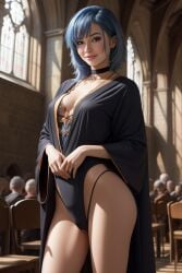 1girls ai_generated blue_hair choker dressed eye_contact fantasy female fit fit_female harry_potter hogwarts hogwarts_student messy_hair robe short_hair smile smiling smirk smooth_skin thick_ass thighs