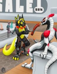 3_toes 4_arms 4_fingers accessory android animal_genitalia animal_penis anthro araclast armor balls big_penis biped black_body black_hair canid canine_genitalia canine_penis claws crossed_arms cybernetic_limb cybernetics cyborg detailed_background digitigrade dildo duo erection eye_contact feet fingers furgonomics furniture futuristic genitals glowing glowing_markings grey_body grey_scales hair hand_on_penis hi_res holding_object horn humanoid_genitalia humanoid_penis hybrid_genitalia hybrid_penis inside knot latex long_tail looking_at_another machine male male/male mammal markings multi_arm multi_limb multicolored_body multicolored_scales nude orange_eyes penile_spines penis protogen purple_penis raubr1tter red_body ridged_penis robot rug scales scalie science_fiction screen screen_face sex_toy sitting size_difference smaller_male smile standing synth_(vader-san) synthetic table tail text toe_claws toes toy two_tone_body two_tone_scales unusual_anatomy visor white_body white_scales yellow_body yellow_eyes