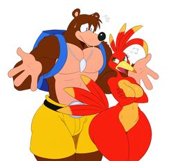 2018 angry anthro anthrofied ass avian backpack bag banjo-kazooie banjo_(banjo-kazooie) beak big_butt bird black_nose blue_eyes bodily_fluids bottom_heavy bottomwear breasts breegull brown_fur casual clothed clothing duo eyelashes feathers featureless_breasts female fur green_eyes hi_res huge_butt huge_hips jewelry kazooie male mammal manly muscles muscular muscular_male narrow_shoulders necklace non-mammal_breasts open_beak open_mouth pecs petite rareware shorts simple_background smaller_female sssonic2 sweat sweatdrop thick_thighs topless ursid video_games voluptuous white_background wide_hips