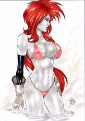 1girls 2017 absurdly_long_hair battle_chasers belly_button big_breasts bikini black_sleeves bra breasts busty cleavage curvaceous curvy dated deviantart ed_benes_studio female female_only gloves grey_gloves greyscale hand_on_thigh huge_breasts human lanio_sena large_breasts long_hair midriff navel nipple_bulge nipples panties pink_bikini pink_bra pink_panties pink_thong pinup red_hair red_monika signature sleeves solo standing_in_water stomach thick_thighs thighs thong voluptuous water watermark wildstorm