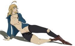 adult anime blonde_hair blonde_hair breasts breasts breasts_out christine_blake_(lazarus) christine_blake_(razaro) exposed_breasts exposed_pussy female jeans lazarus pussy straight topless topless_female