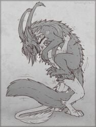 anthro anthro_on_feral bodily_fluids cum cum_inside darkarlett_(character) duo female feral fur genital_fluids hi_res holding_weights male male/female paws sex shadarrius shadarrius_(character) size_difference small_dom_big_sub smaller_male tail vaginal_penetration zoophilia