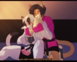 anthro anthro_on_anthro biped black_hair blush bodily_fluids dipstick_ears dipstick_tail domestic_cat duo ear_markings english_text erection ereki_kagami felid feline felis genital_fluids genitals glans hair humanoid_genitalia humanoid_penis intraspecies male male/male mammal markings multicolored_ears munkeesgomu munks_(munkeesgomu) penis precum tail tail_markings text white_hair