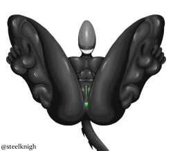 abs alien alien_(franchise) alien_girl big_ass big_breasts big_butt black_body black_skin feet feet_up green_anus green_pussy laying_down looking_at_viewer nude nude_female sharp_teeth simple_background smile smiling steelknigh tail thick_thighs thighs watermark xenomorph
