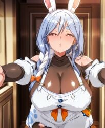 ai_generated artist69 big_breasts bunny_ears clothed heart-shaped_pupils hololive kissing pekomama