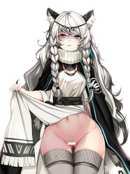 absurdres animal_ear_fluff animal_ears arknights ass_visible_through_thighs ateoyh bangs belt belt_buckle black_belt black_capelet blush braid breasts buckle capelet censored commentary_request cowboy_shot dress female fringe_trim grey_eyes groin hair_between_eyes hair_ornament hand_up headpiece highres leopard_ears leopard_girl lifted_by_self long_hair long_sleeves looking_at_viewer navel parted_lips pelvic_curtain pramanix_(arknights) side_braids simple_background skirt skirt_hold skirt_lift solo standing stomach thighhighs turtleneck turtleneck_dress twin_braids very_long_hair wavy_hair white_background white_hair wide_sleeves