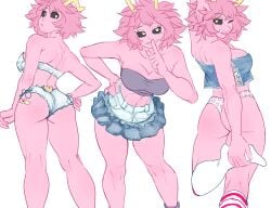 ass ass_focus big_ass black_sclera boku_no_hero_academia booty_shorts breasts cleavage denim denim_clothing denim_shorts fit fit_female holic_fz jean_shorts jean_skirt looking_at_viewer mina_ashido my_hero_academia panties pantsless pose posing posing_for_the_viewer sexy_eyes skirt socks stretching thighs toned_female tubetop yellow_eyes