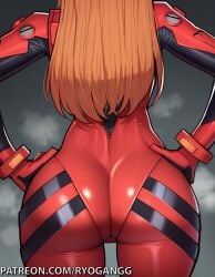 1female 1girls 2d 2d_(artwork) ai_generated ass ass_focus asuka_langley_sohryu big_ass bodysuit neon_genesis_evangelion orange_hair patreon patreon_username red_bodysuit ryogangg tight_clothing tight_fit