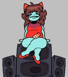 anthro belly blue_body blue_fur boombox brown_hair closed_eyes clothing cosplay dress eyebrows eyes_always_closed footwear friday_night_funkin' fur futanari genitals girlfriend_(fnf) grey_background hair hi_res high_heels intersex minidress orange_body orange_eyebrows orange_fur penis red_clothing red_dressmatching red_footwear red_high_heels scab_(character) scab_nsfw shoes simple_background sitting sitting_on_box sitting_on_object sleeveless_clothing smile solo striped_genitalia striped_penis stripes teeth thick_thighs