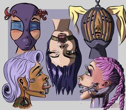 blindfold bondage dental_gag drool female femsub gag igfero multiple_girls multiple_subs one_eye_closed open_mouth_gag pink_hair ring_gag saliva sensory_deprivation tattoo tongue_bondage tongue_forced_out tongue_out upside-down weights_(bdsm)