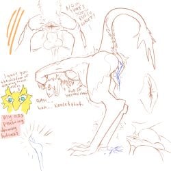 1:1 anus ass backsack balls bent_over big_anus big_butt blue_eyes bodily_fluids cum cum_drip cum_in_ass cum_inside defunctfluff dripping english_text facial_markings fur genital_fluids genitals hand_on_butt head_markings hi_res inflation inflation knot knotted_penis leaning_on_wall looking_pleasured male male/male markings penis perineum puffy_anus sergal shaking simple_background sketch_page stomach_bulge stretched_anus stretching text trembling white_background yellow_body yellow_fur