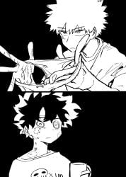 2koma bakugou_katsuki bite_mark boku_no_hero_academia bones_(company) bow bow_panties coffee coffee_mug comic freckles hickey hickeys_on_neck izuku_midoriya katsuki_bakugou messy_hair midoriya_izuku mug my_hero_academia panties scar serious shirt shota shounen_jump spiked_hair underwear up waking_up