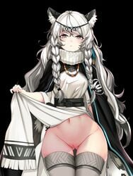 1girl animal_ear_fluff animal_ears arknights ateoyh bad_id bad_twitter_id bangs belt belt_buckle black_background black_belt black_capelet blush braid breasts buckle capelet cleft_of_venus closed_mouth clothes_lift commentary_request cowboy_shot dress female_focus fringe_trim gluteal_fold grey_eyes groin hair_between_eyes hair_ornament hand_up headpiece highres leopard_ears leopard_girl lifted_by_self long_hair long_sleeves looking_at_viewer medium_breasts narrow_waist navel no_panties nopan pelvic_curtain pelvic_curtain_lift pramanix_(arknights) pussy side_braids silver_hair simple_background skirt skirt_hold skirt_lift solo standing stomach thigh_gap thighhighs turtleneck turtleneck_dress twin_braids uncensored very_long_hair wavy_hair wide_hips wide_sleeves