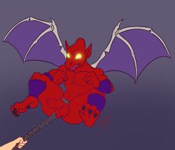 anklet anthro ass balls bracelet butt_from_the_front capcom chains cock_and_ball_torture demon demon's_crest digital_media_(artwork) duo empty_eyes firebrand flying gargoyle gargoyle's_quest genital_torture genitals ghosts_'n_goblins glowing glowing_eyes hi_res humanoid_genitalia humanoid_penis humanoid_pointy_ears jewelry koopacoon male membrane_(anatomy) membranous_wings nude offscreen_character penis pointy_ears red_arremer red_body solo_focus wings