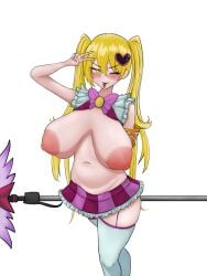 1girls areolae blonde_hair blush breasts bright_pupils don_quixote_(limbus_company) eyebrows_visible_through_hair female female_only garter_straps holding_object huge_areolae huge_breasts i_need_paizuri_from_don_quixote light-skinned_female light_skin limbus_company lobotomy_corporation looking_at_viewer magical_girl miniskirt nikko_g304 nipples one_eye_closed peace_sign project_moon smile solo thick_thighs tongue_out v wink