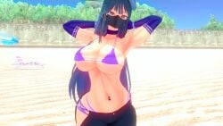 1girls 3d armpits arms_behind_head beach big_breasts bikini blue_archive blue_bikini blue_eyes blue_hair breasts busty child_bearing_hips cleavage curvy face_mask female female_only hi_res large_breasts legs looking_at_viewer navel navel_piercing pants saori_(blue_archive) sensual sexy sexy_armpits sexy_pose solo thighs thong_bikini toned voluptuous whale_tail