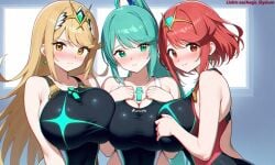 3girls aegis_elysium ai-assisted ai-generated ai_art ai_assisted ai_generated alluring big_breasts blush breasts breasts_bigger_than_head breasts_pressed_together breasts_squeezed_together cleavage core_crystal day dress earrings edit edited elbow_gloves female female_focus gem gloves grabbing grabbing_another's_breast grabbing_breast grabbing_breasts green_eyes green_hair groping hair_ornament headpiece highres holding holding_breast holding_breasts huge_breasts indoors jewelry large_breasts long_hair looking_at_viewer multiple_girls mythra mythra_(xenoblade) navel nintendo pneuma pneuma_(xenoblade) ponytail pool pressing_breasts pressing_breasts_together pyra pyra_(xenoblade) red_eyes room sexy standing stars swept_bangs swimsuit tiara touching_breast touching_breasts trio_focus very_long_hair water watermark window windows xenoblade_(series) xenoblade_chronicles_(series) xenoblade_chronicles_2 yellow_eyes