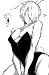 ? alternate_costume bunny_ears bunny_tail bunnysuit chibi crossdressing gegege_no_kitarou hair_over_one_eye hakusansai kitarou_tanjou_gegege_no_nazo male male_only male_playboy_bunny medama_oyaji_(human) monochrome pecs pectoral_cleavage short_hair toned toned_male wide_eyed wide_hips