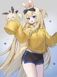 :d animal_ears bangs black_shorts blonde_hair blue_eyes blush bow bunny_ears bunny_tail cowboy_shot eyebrows_visible_through_hair eyewear_on_head female goggles grey_background hair_ribbon hood long_hair long_sleeves looking_at_viewer open_mouth ribbon short_shorts shorts sleeves_past_fingers sleeves_past_wrists smile solo sparkle_background standing sunglasses tail two_side_up very_long_hair vyugen white_legwear yenko