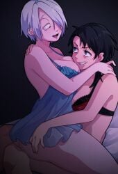 2girls big_breasts black_hair blue_eyes bra cleavage fangs female female_only gegege_no_kitarou genderswap_(mtf) grin hair_over_one_eye half-closed_eyes kitarou_tanjou_gegege_no_nazo lingerie mainasu medama_oyaji_(human) medium_breasts medium_hair mizuki_(gegege_no_kitarou) negligee nightgown rule_63 scar scar_across_eye short_hair sitting_on_lap sitting_on_person smile underass white_hair yuri