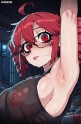 1girls ai_generated areolae armpits big_breasts black_shirt blush close-up closed_mouth kasane_teto looking_at_viewer nervous_smile nipples plump portrait puffy_nipples see-through_clothing shewwwhore sleeveless thick_thighs tongue_out utau