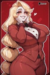 ai_generated bare_thighs blonde_hair blush charlie_morningstar_(hazbin_hotel) demon_girl gigantic_breasts hazbin_hotel heart-shaped_pupils huge_breasts huge_thighs long_hair looking_at_viewer massive_breasts red_pupils smiling solo_female squatting sweat sweatdrop thick_body thick_female thick_thighs thighs very_long_hair voluptuous voluptuous_female white_body white_skin yashugai yellow_eyes